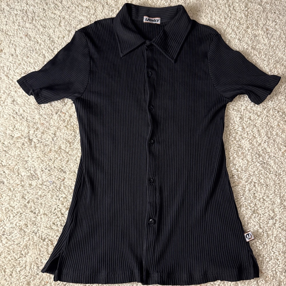 VTG YMLA Black Ribbed Polyester Shirt Men's M/L‎ Psychedelic Rave Button Up 90s